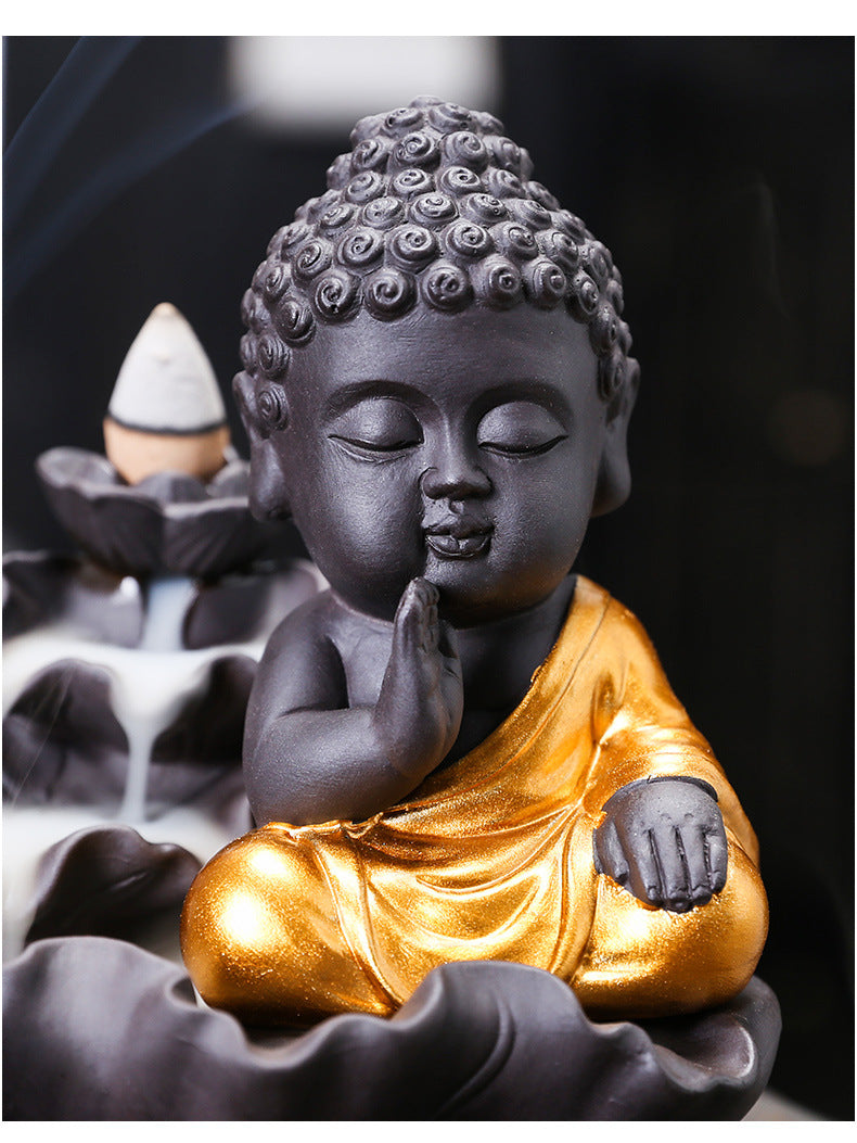 zensoullab Purple Clay Lotus Leaf Backflow Incense Burner Home Decor Creative Lotus Gold-Plated Buddha Incense Backflow Burner