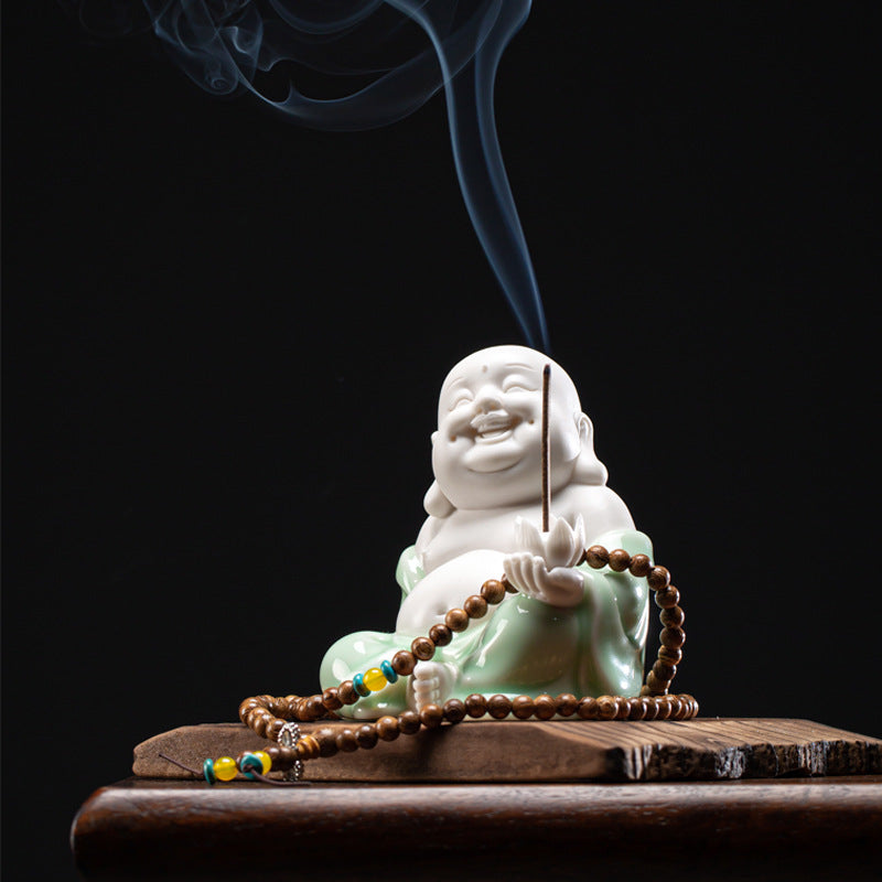 zensoullab Creative New Chinese Style Ceramic Maitreya Buddha Statue Desktop Ornament Home Incense Holder Incense Burner Incense Tray