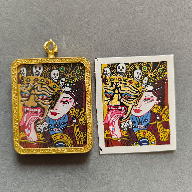 zensoullab Nepal Hand-painted Female God of Wealth Thangka Zaka Ram Past and Present Life Tibetan God of Wealth Small Thangka Gawu Box Pendant