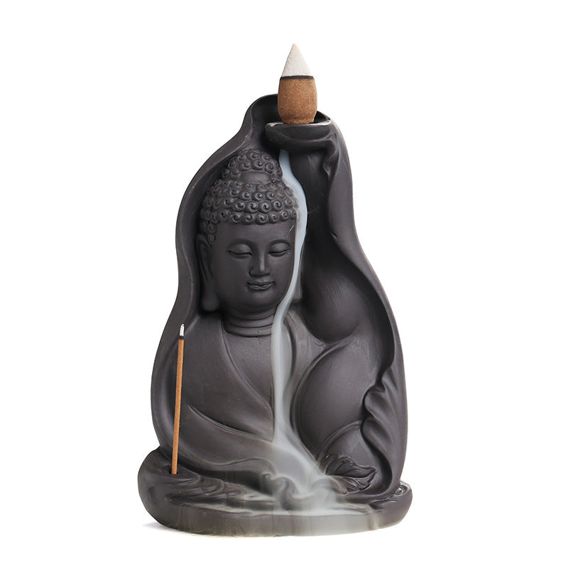 zensoullab Purple Clay Sandalwood Backflow Incense Burner Creative Bodhi Leaf Tathagata Buddha Smoke Backflow Incense Burner Craft Ornament
