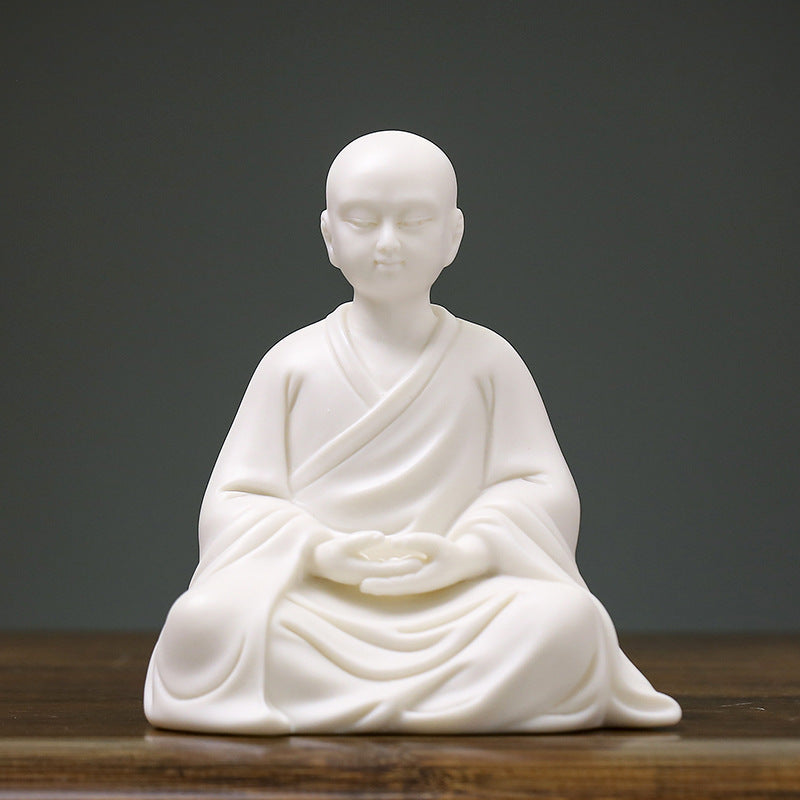zensoullab Zen White Porcelain Little Monk Figure Chinese Style Ceramic Little Novice Creative Tea Room Home Living Room Entrance Decoration Ornament