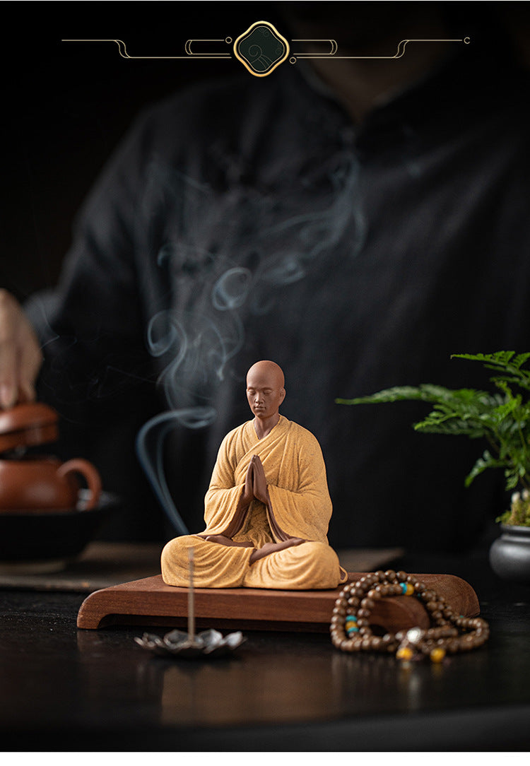 zensoullab Dust-Free Zen Little Monk Purple Clay Figurine Ceramic Figure Ancient Style Tea Room Display Stand Desktop Decoration