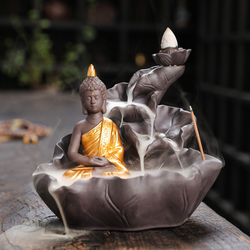 zensoullab Purple Clay Ceramic Backflow Incense Burner Crafts Creative Lotus Leaf Buddha Statue Small Novice Incense Burner Ornament