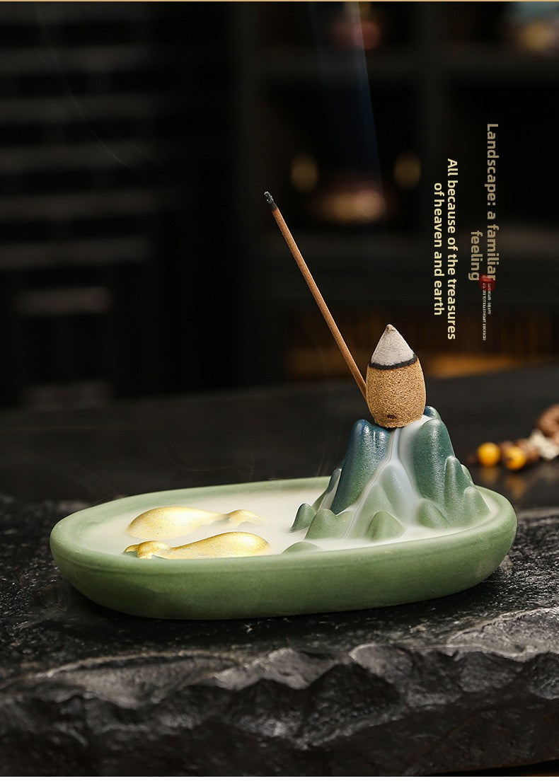 Zensoullab Qianli Jiangshan Line Incense Burner Ceramic Multi-Functional Dual-Purpose Ceramic Incense Burner Double Cow Backflow Smoke Incense Burner Ceramic Incense