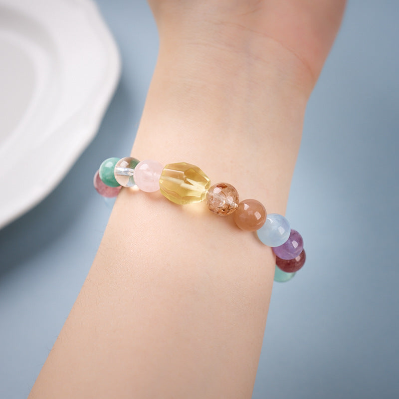 zensoullab Natural 10MM Rainbow Multi-Gemstone Crystal Bracelet Yellow Crystal Red Agate Flower Aquamarine High-End Crystal Bracelet