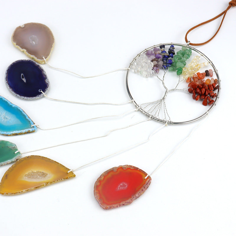 zensoullab Handmade Wrapped Natural Crushed Stone Tree of Life Agate Slice Hanging Ornament Garden Decoration Curtain Pendant