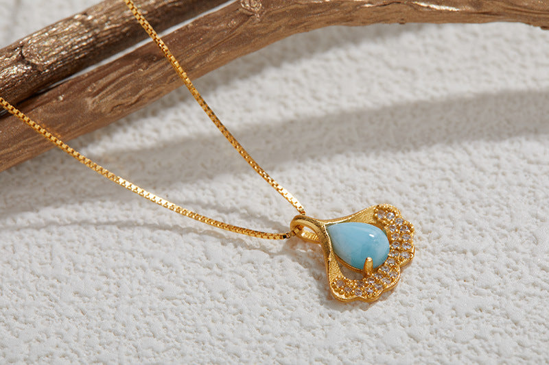 zensoullab S925 Sterling Silver Ancient Gold Inlaid Natural Sea Grain Stone Fan-shaped Necklace High Quality