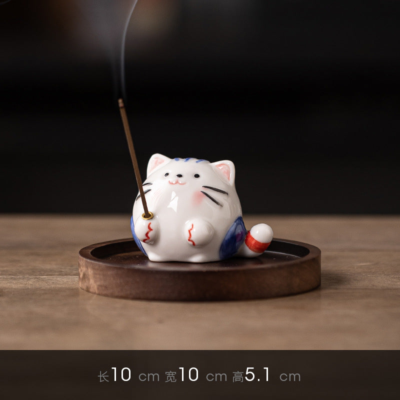 zensoullab Creative Ceramic Cute Little Cat Incense Holder Base Incense Tray Tea Room Tea Table Small Incense Burner Ornament Incense Burner