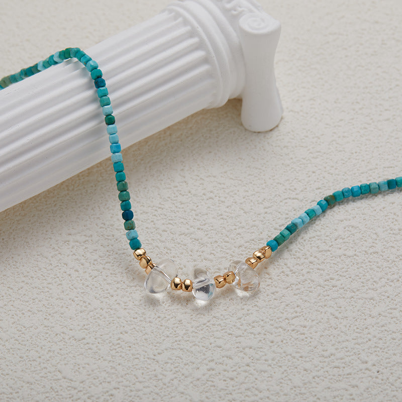 zensoullab Fashion Design S925 Sterling Silver Natural Turquoise White Crystal Necklace for Women Light Luxury High-end Beaded Choker