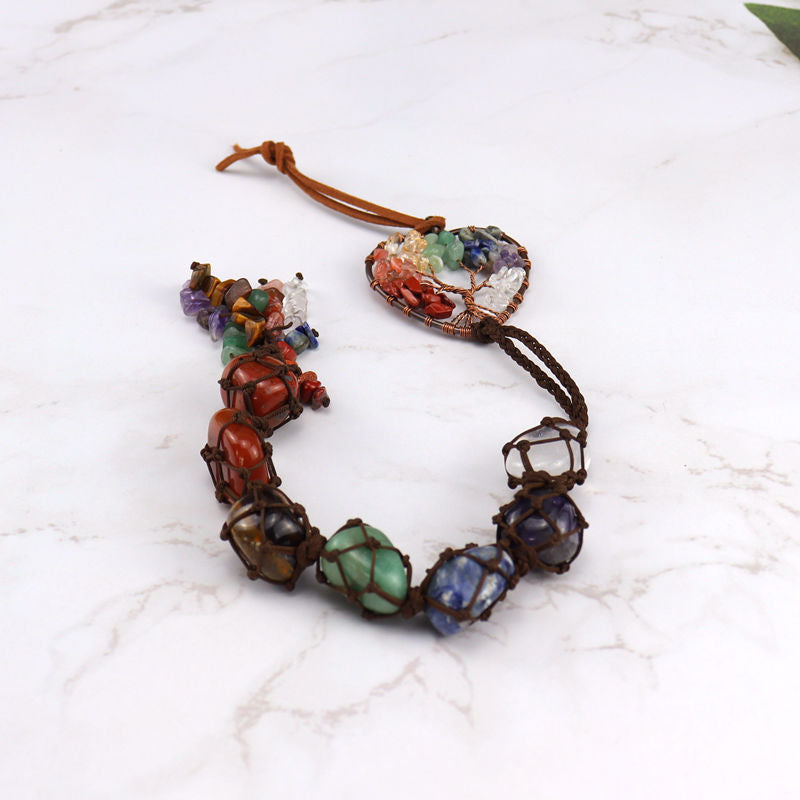 zensoullab7 Colorful Stone Seven Colors Crystal Raw Stone Hand-woven Pendant Natural Stone Tree of Life Car Hanging Dream Catcher Ornament
