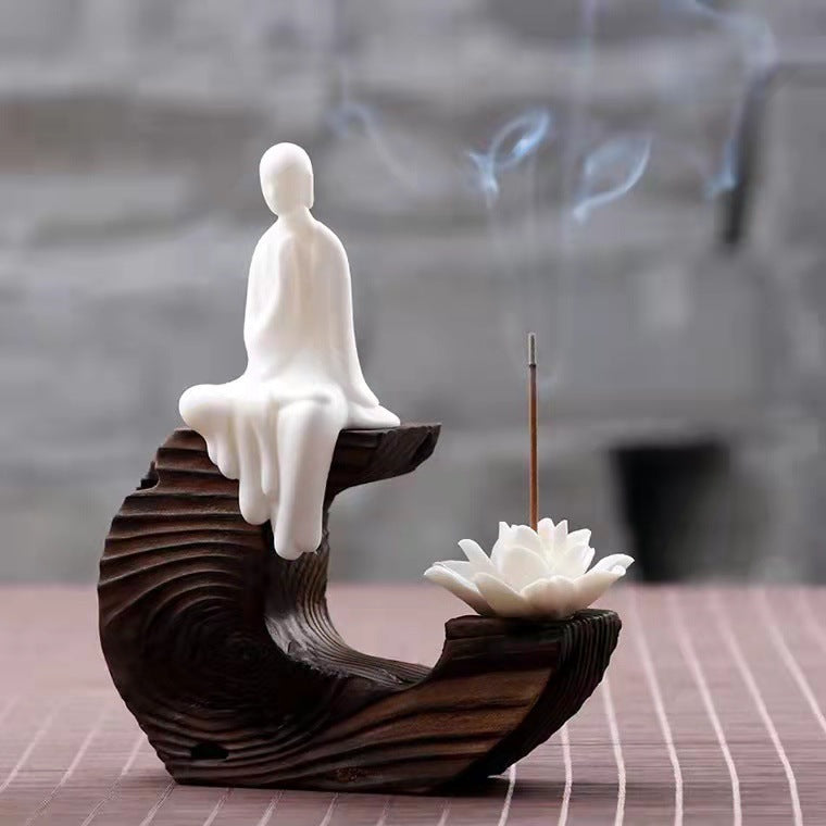 zensoullab Creative Phaseless Buddha Ceramic Ornament Backflow Incense Burner Little Monk Incense Home Indoor Incense Holder Sandalwood Incense Burner
