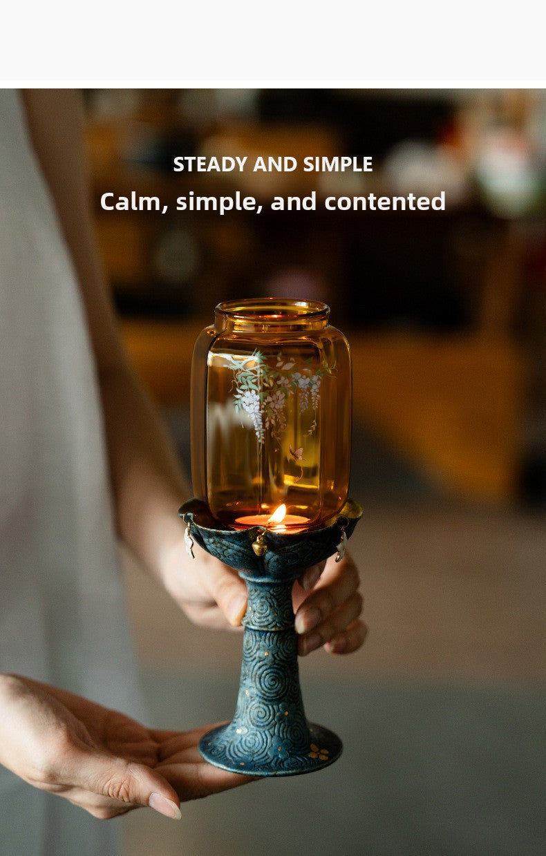 zensoullab New Chinese Style Antique Cloud Pattern Wisteria Glass Ming-Qing Candle Holder Ceramic Home Base Ornament Atmosphere Lamp Stand