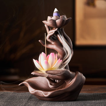 zensoullab Backflow Incense Burner Purple Clay Buddha Hand Lotus Heart Creative Sandalwood Burner Home Decor New Chinese Style Ornament