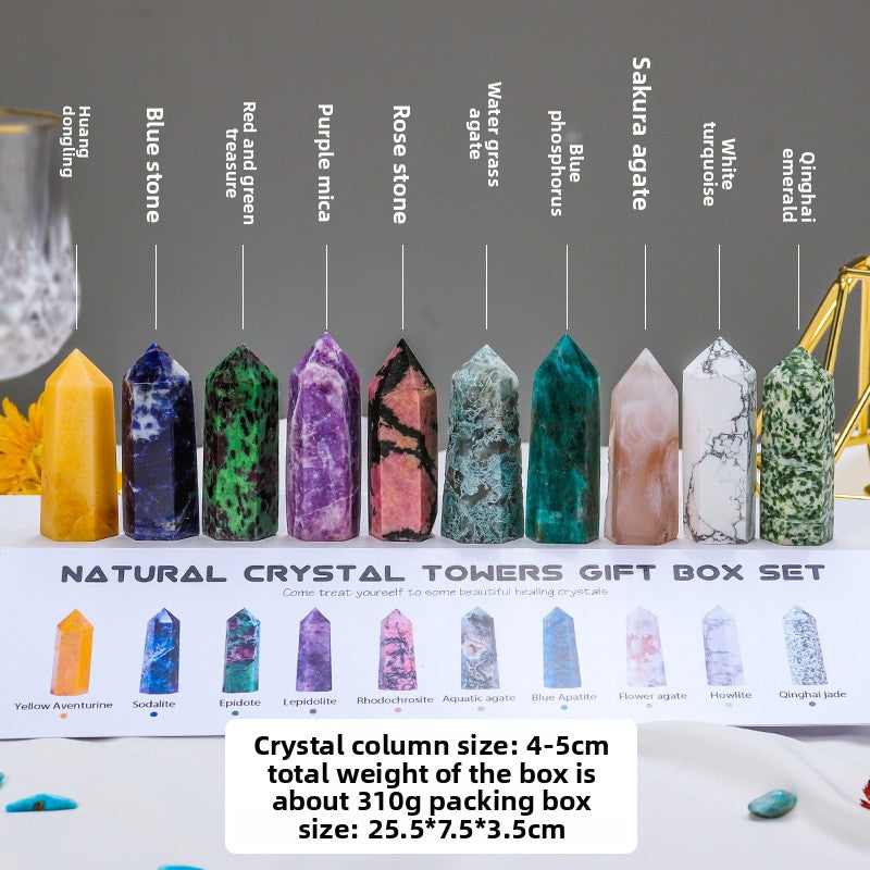 zensoullab Natural Crystal Agate Jade Hexagonal Single Pointed Column Set Box Seven Colors Demagnetization Yoga Ore Gemstone Set