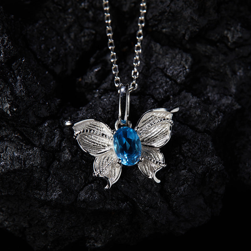 zensoullab Butterfly Style Gemstone Necklace Women's Jewelry Set S925 Sterling Silver Inlaid with Natural Sapphire Tanzanite