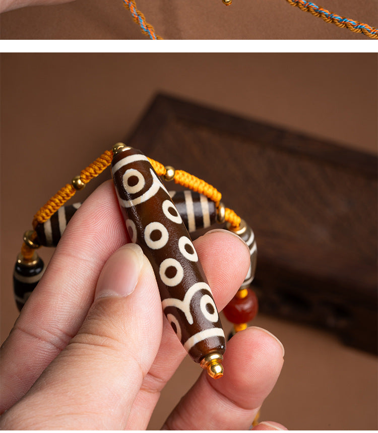zensoullab Tibetan Nine-Eyed Dzi Bead Necklace with Layered Patina Multi-Totem Agate Pendant Couple Style Woven Necklace