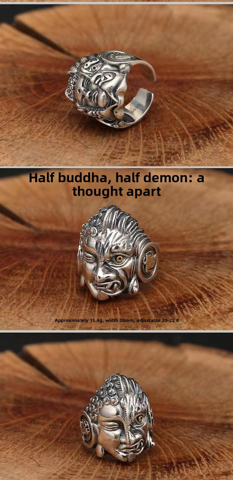 Zensoullab Men's Domineering Buddha Magic a Flash of Thought Buddha Magic Open Ring Vintage Thai Silver Niche Punk Ring