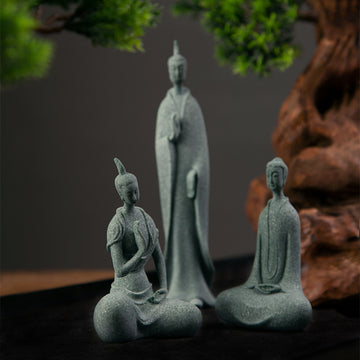 zensoullab Green Sandstone Northern Wei Dynasty Three Saints Buddha Statue Zen Carving Craftwork Tathagata Buddha Shakyamuni Desktop Tea Ceremony Ornament
