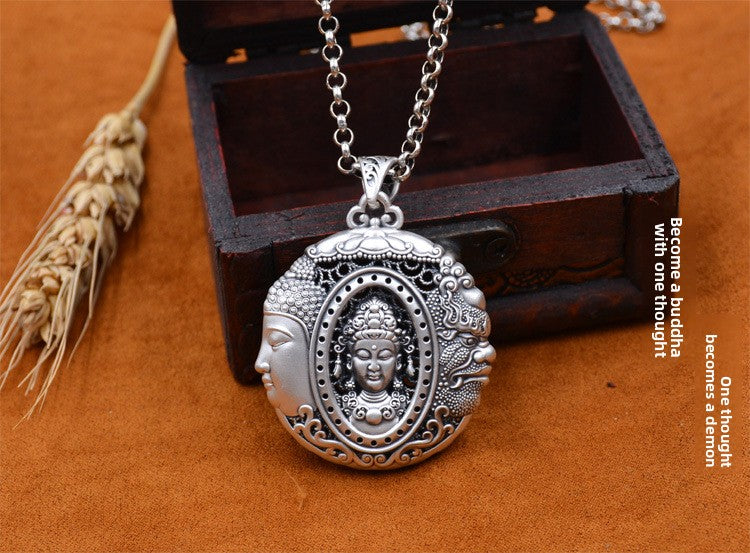 zensoullab One Thought Becomes Buddha Magic Thai Silver Sweater Chain Long Vintage Necklace Large Pendant Hanging Pendant 2023 Pendant