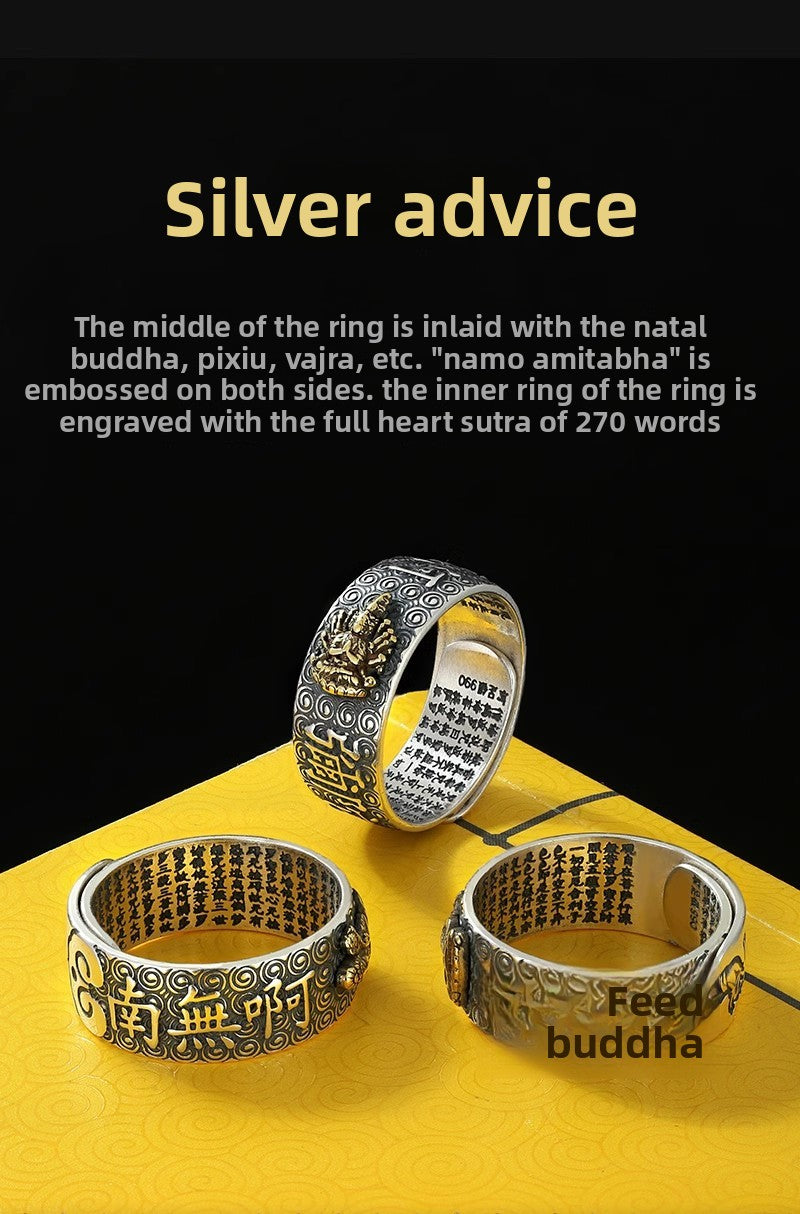 zensoullab Vintage Eight Guardian Deities Ring for Men Heart Sutra Zodiac Year Open Ring Imitation Thai Silver Six-Word Mantra Men's Ring