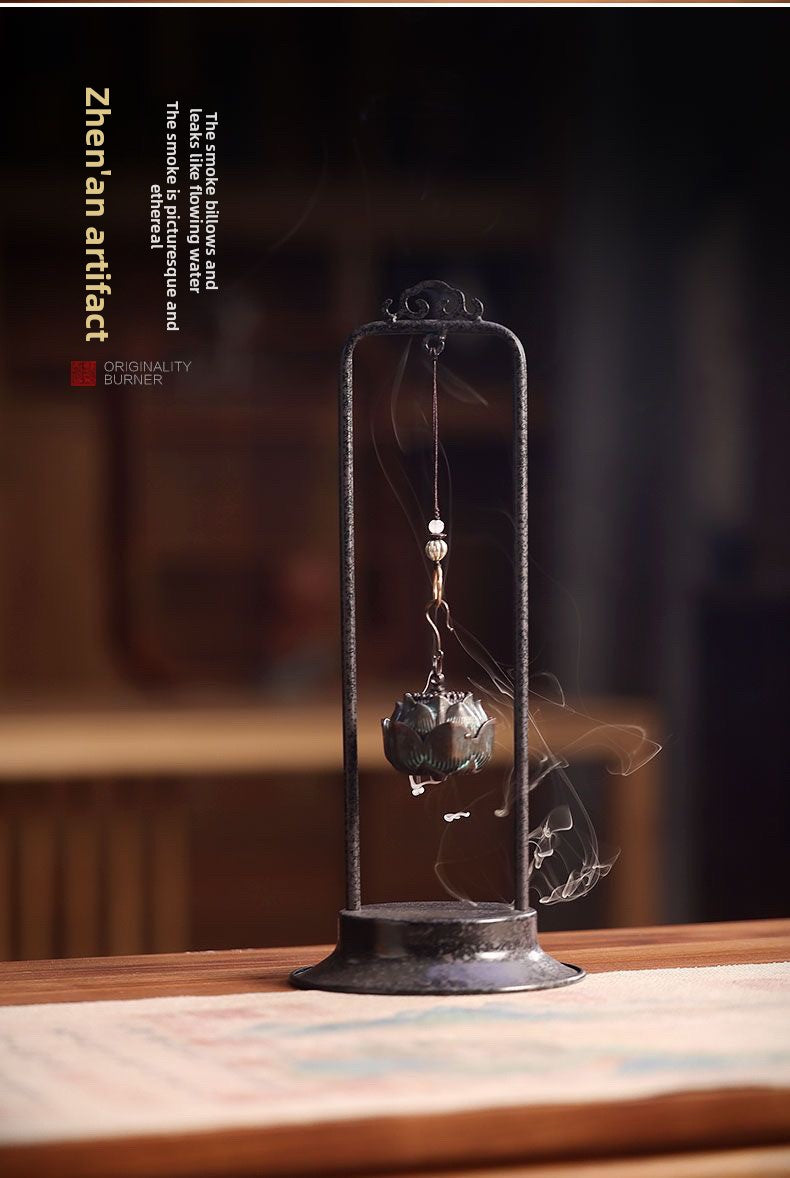 zensoullab Lotus Hanging Incense Burner Antique Chinese Style Metal Aromatherapy Burner Home Indoor Agarwood Incense Holder Tea Ceremony Coil Incense Burner