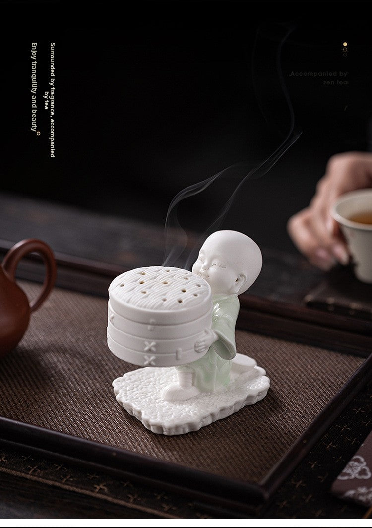 zensoullab Ceramic Little Monk Incense Burner Coil Incense Stick Home Indoor Sandalwood Incense Burner Tea Ceremony Aromatherapy Burner Incense Box Ornament