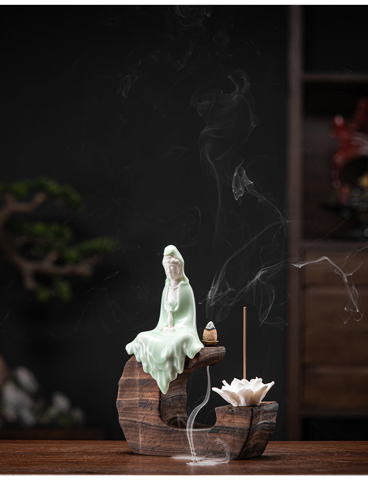 zensoullab Creative Backflow Incense Burner Home Aromatherapy Burner Ceramic Ornament Sandalwood Incense Holder Guanyin Buddha Statue Zen Living Room Decoration