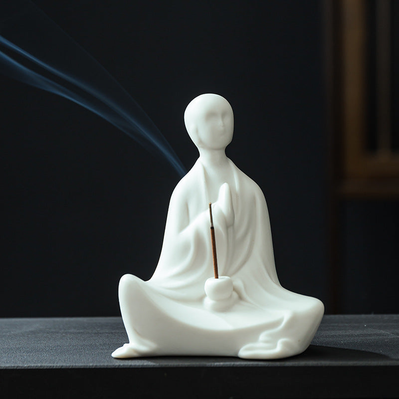 zensoullab Zen Ceramic Formless Buddha Chinese Style Living Room Tea Room Desktop Ornament White Porcelain Little Monk Fish Tank Bonsai Decoration Figurine