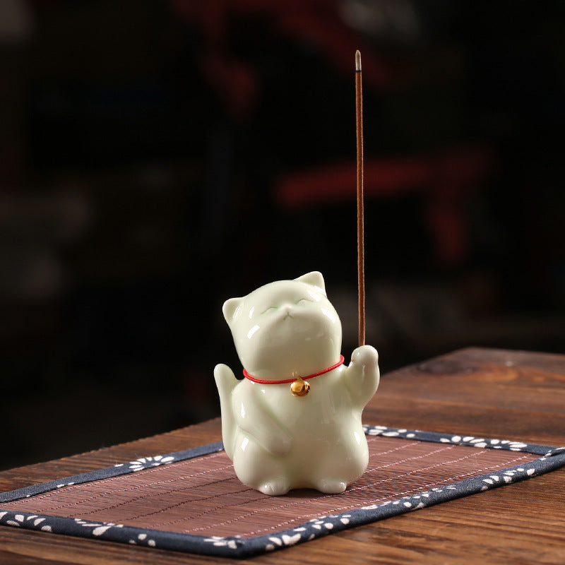Zensoullab Creative Cute Lucky Cat Ceramic Decoration Cute Cat Tea Ornaments Pen Holder Home Indoor Sandalwood Incense Stick Holder Incense Ceremony Incense Holder