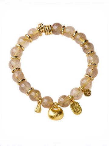 zensoullab Natural 10MM Golden Rutilated Quartz Bracelet for Women, Twisted Good Luck and Peace Lock, High-end Crystal Bracelet