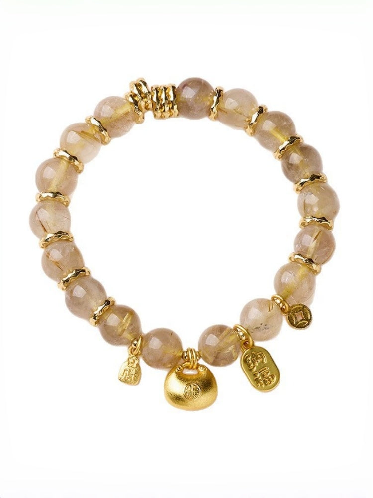 zensoullab Natural 10MM Golden Rutilated Quartz Bracelet for Women, Twisted Good Luck and Peace Lock, High-end Crystal Bracelet