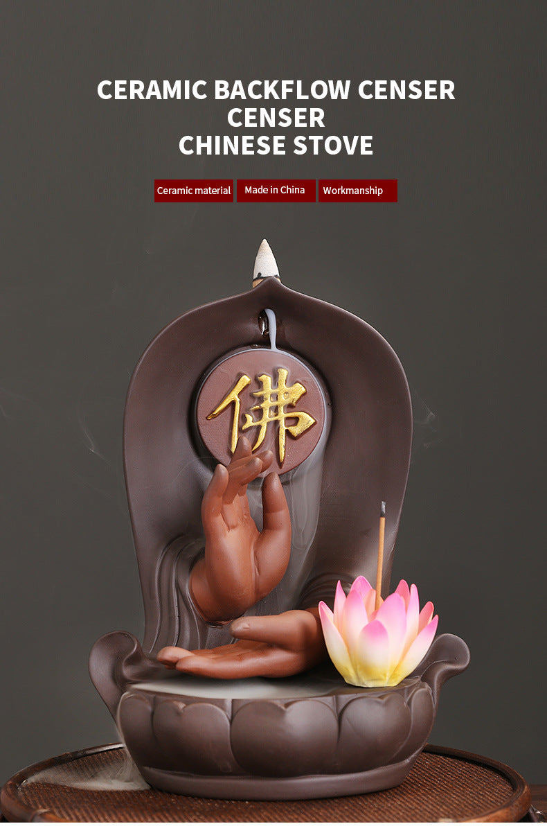 zensoullab Purple Clay Buddha Hand Lotus Backflow Incense Burner Creative Handmade Lotus Incense Holder Incense Stand Backflow Incense Burner Ornament