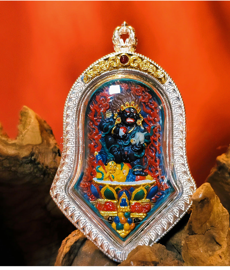 zensoullab Hand-painted Rubbing Thangka Three-dimensional Painted Black God of Wealth Gawu Box Pendant Necklace Zakiram Buddha Amulet