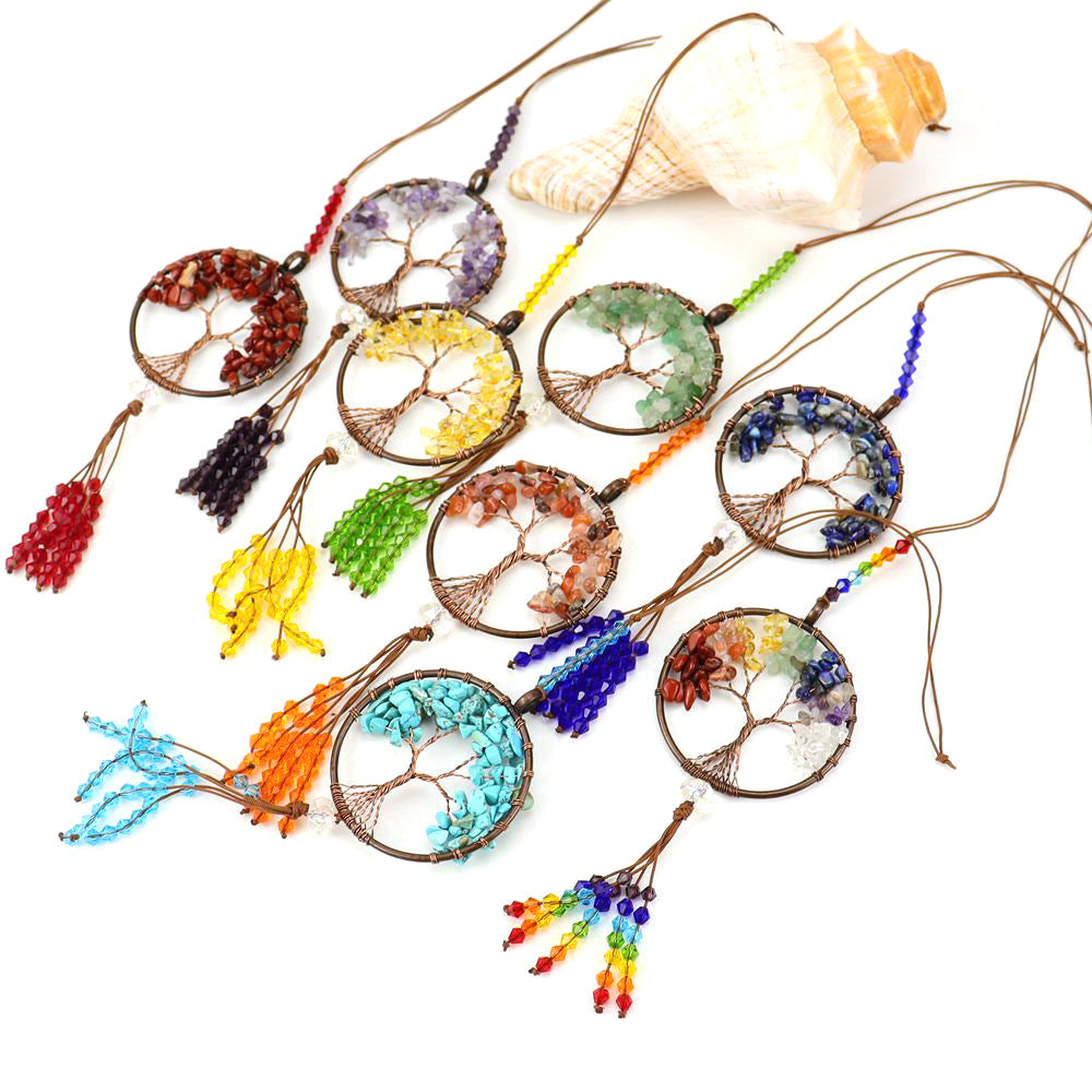zensoullab Natural Crushed Stone Colorful Stone Tree of Life Car Hanging Handmade Crystal Tassel Wall Hanging