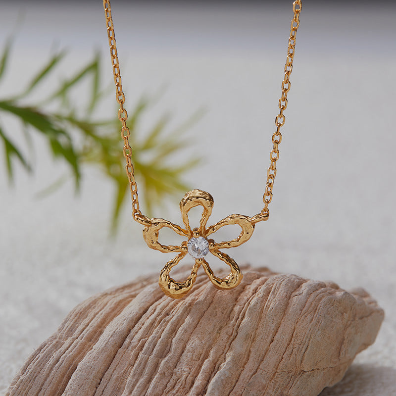 zensoullab Korean Version S925 Sterling Silver Zircon Colorful Gemstone Collarbone Chain Fashion Sweet Hollow Small Flower Pendant Necklace for Women