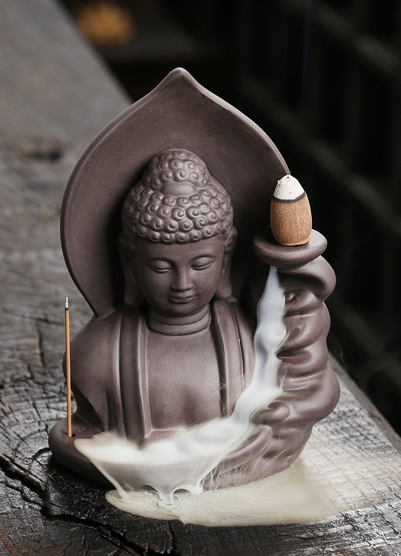 zensoullab Purple Clay Buddha Backflow Incense Burner Creative Lotus Leaf Buddha Backflow Sandalwood Incense Burner Craft