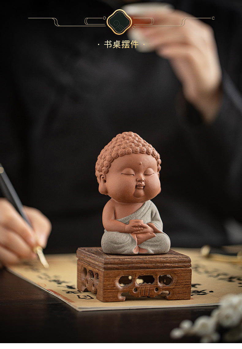 zensoullab Zen Purple Clay Small Buddha Figurine Cute Buddha Statue Chinese Style Home Tea Room Curio Shelf Tea Table Decoration