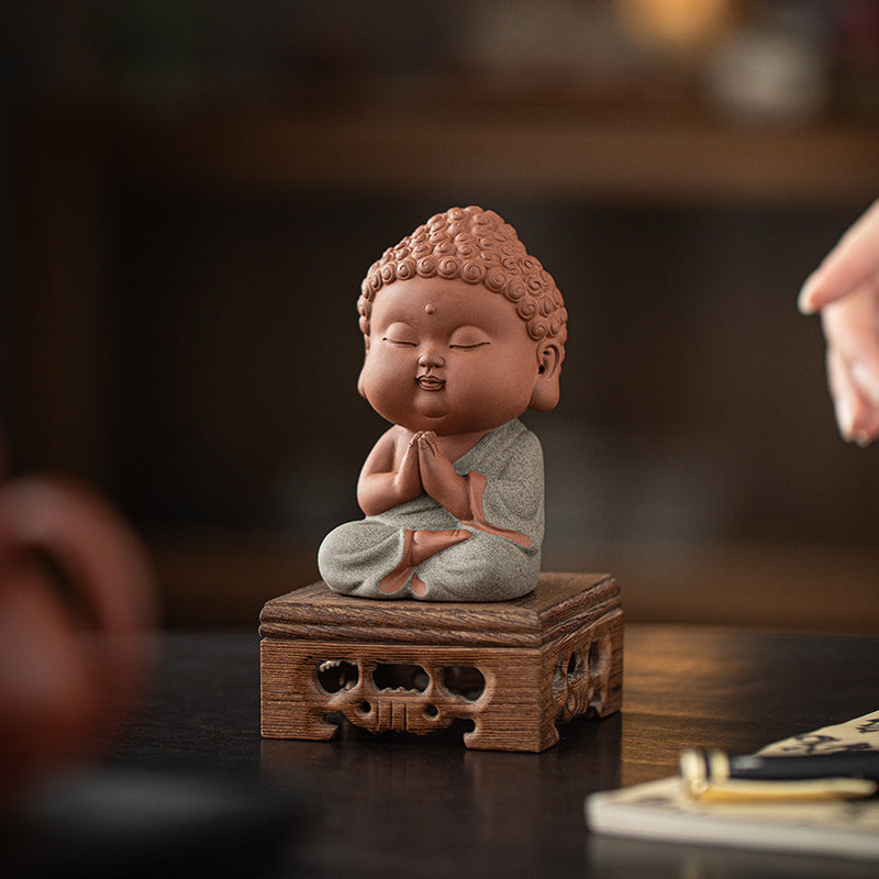zensoullab Zen Purple Clay Small Buddha Figurine Cute Buddha Statue Chinese Style Home Tea Room Curio Shelf Tea Table Decoration