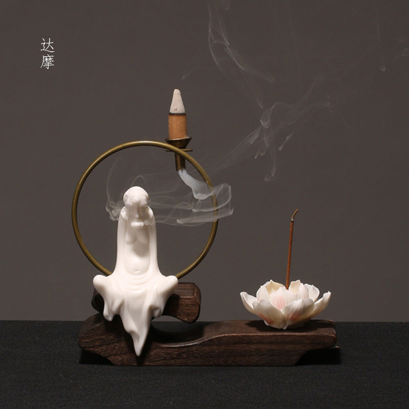 zensoullab Creative Chinese Ceramic Ornament Phaseless Buddha Statue Home Backflow Incense Burner Sandalwood Aromatherapy Burner Incense Holder Incense Device Wooden Incense Stand