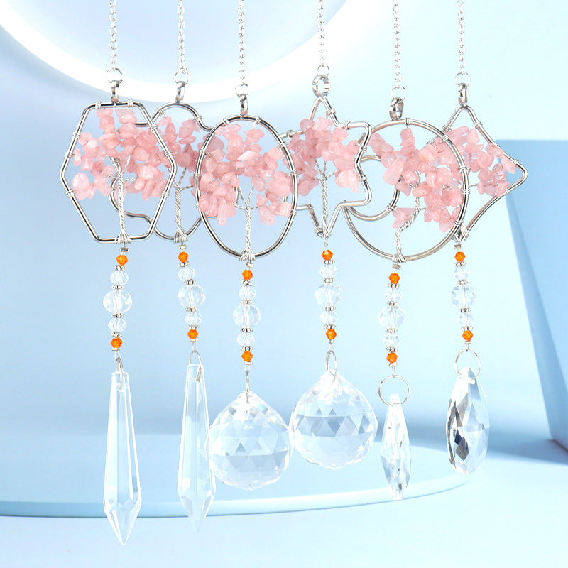 zensoullab Rose Quartz Crushed Stone Tree of Life Crystal Pendant Hanging Ornament Indoor Curtain Decoration Hanging Accessories