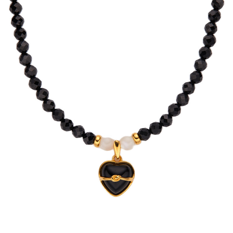 Zensoullab Special-Interest Design Advanced Natural Black Pointed Crystal Beaded with Black Agate Pendant Heart Shaped Love Necklace Female S925 Sterling Silver