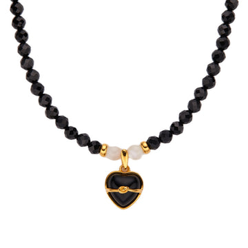 Zensoullab Special-Interest Design Advanced Natural Black Pointed Crystal Beaded with Black Agate Pendant Heart Shaped Love Necklace Female S925 Sterling Silver