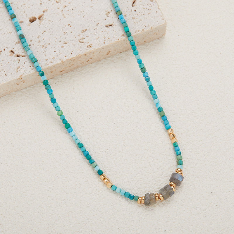 zensoullab Niche Design S925 Sterling Silver Natural Turquoise Labradorite Gemstone Beaded Necklace for Women Versatile Collarbone Chain