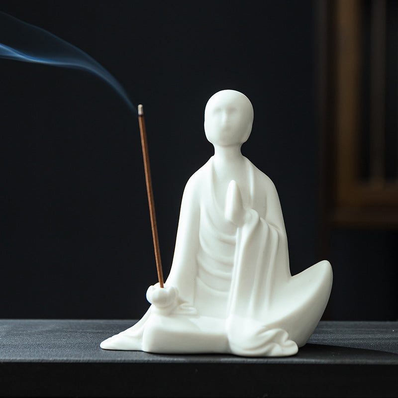zensoullab Zen Ceramic Formless Buddha Chinese Style Living Room Tea Room Desktop Ornament White Porcelain Little Monk Fish Tank Bonsai Decoration Figurine