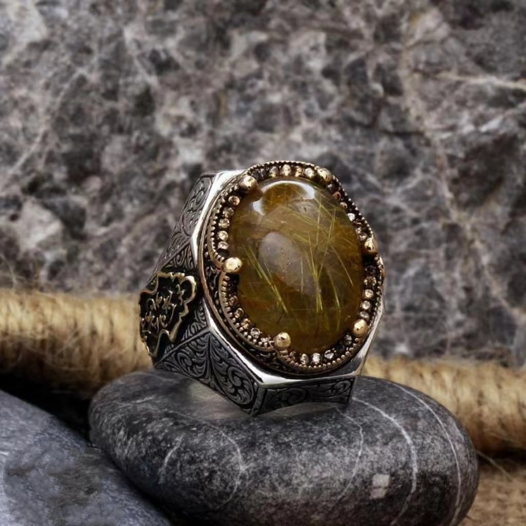 zensoullab Turkish Handmade Exquisite Convex Vintage Distressed Crown Men's Rutilated Quartz Carved Split Gold Ring