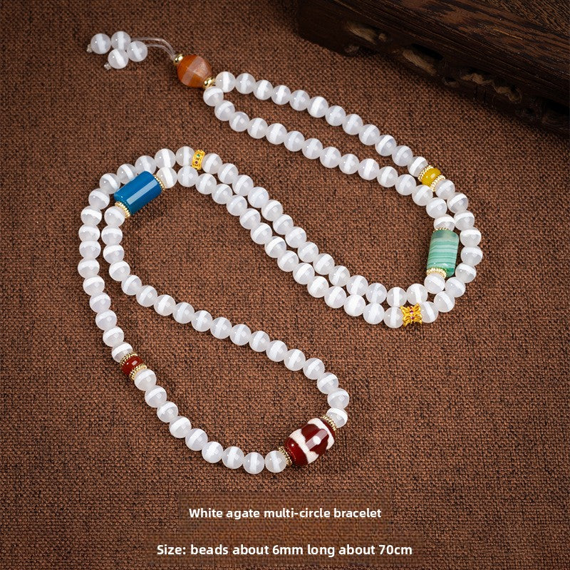 zensoullab Natural Medicine One-Eye Dzi Bead Necklace White Agate Multi-Circle Pendant Unisex Braided Necklace In Stock