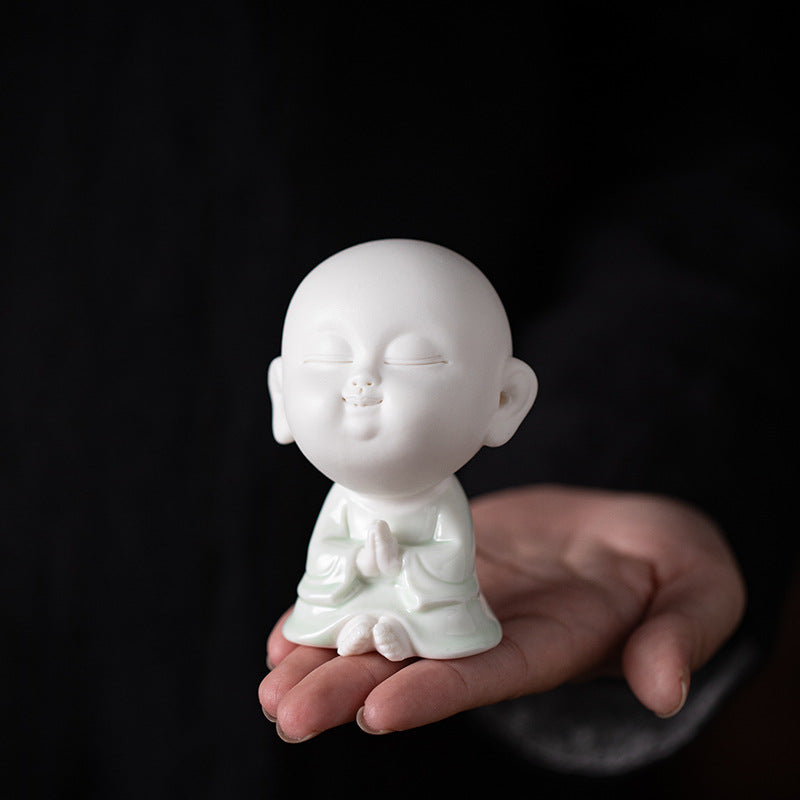 Zensoullab Cute Ceramic Monk Decoration Zen Decoration Fish Tank Landscape Celadon Samanera Tea Ornaments Tea Set Table-Top Decoration