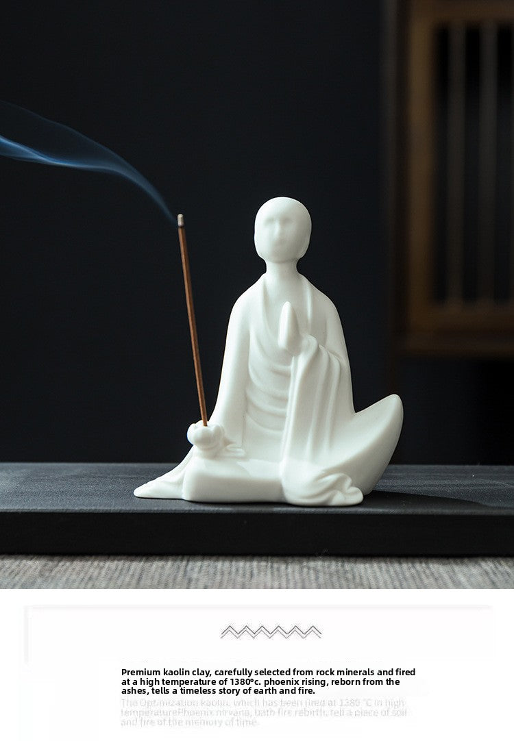 zensoullab Zen Ceramic Formless Buddha Chinese Style Living Room Tea Room Desktop Ornament White Porcelain Little Monk Fish Tank Bonsai Decoration Figurine