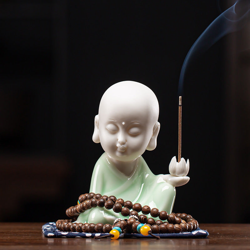 Zensoullab Creative Chinese Ceramic Ornaments Household Line Aromatherapy Stove Samanera Little Monk Incense Holder Incense Burner Tray Sandalwood Holder Indoor