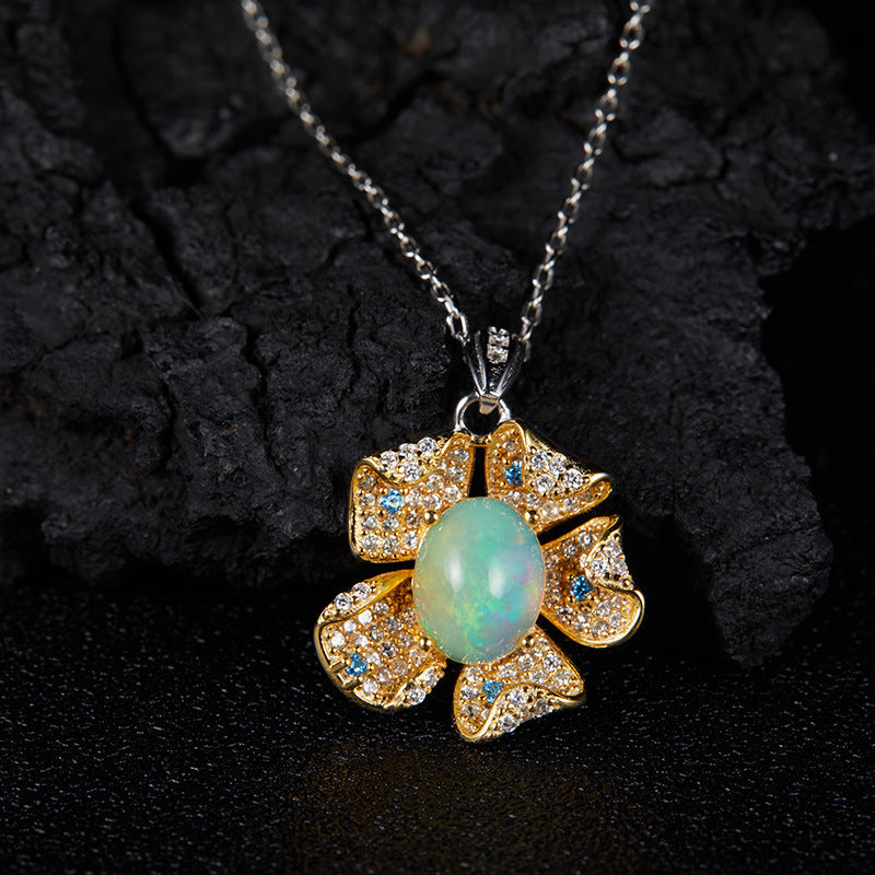 zensoullab Popular Flower Pendant S925 Sterling Silver Inlaid with Natural Opal Gemstone Necklace for Women